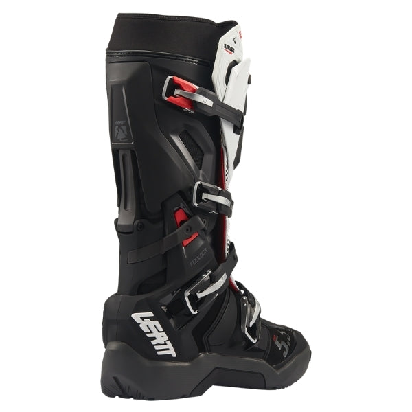 Leatt Moto 5.5 FlexLock Enduro Evo boots in Black/White, opposite-side profile showing the buckle system and ankle panels
