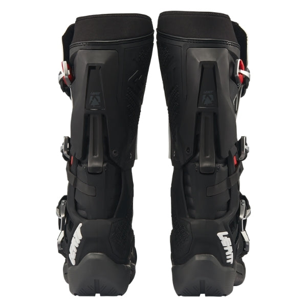 Leatt Moto 5.5 FlexLock Enduro Evo boots in Black/White, rear view showing the calf guards and heel protection