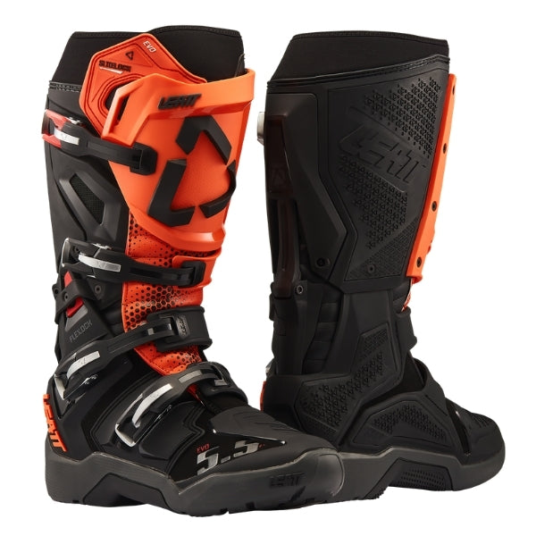 Leatt Moto 5.5 FlexLock Enduro Evo boots in Black/Orange, pair showing the outer and inner side construction