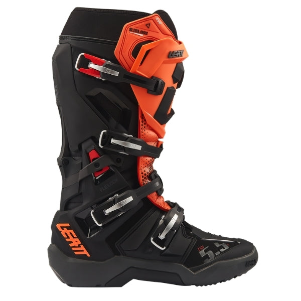 Leatt Moto 5.5 FlexLock Enduro Evo boots in Black/Orange, outer-side profile showing the buckles, shin plate, and toe area