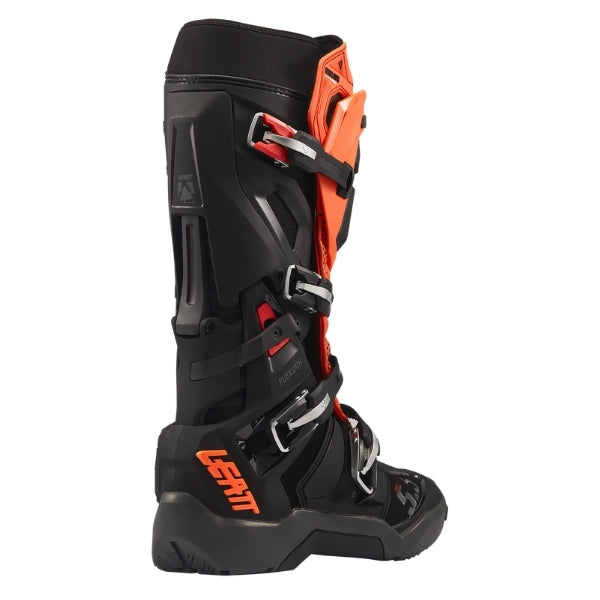 Leatt Moto 5.5 FlexLock Enduro Evo boots in Black/Orange, opposite-side profile showing the buckle system and ankle panels