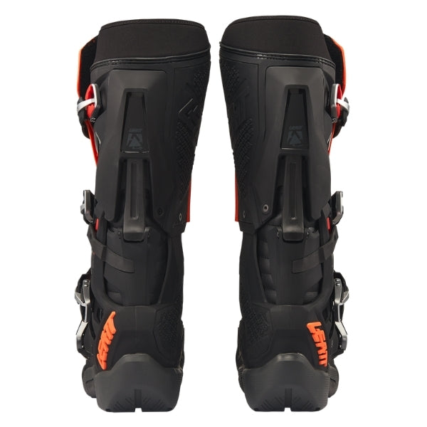 Leatt Moto 5.5 FlexLock Enduro Evo boots in Black/Orange, rear view showing the calf guards and heel protection