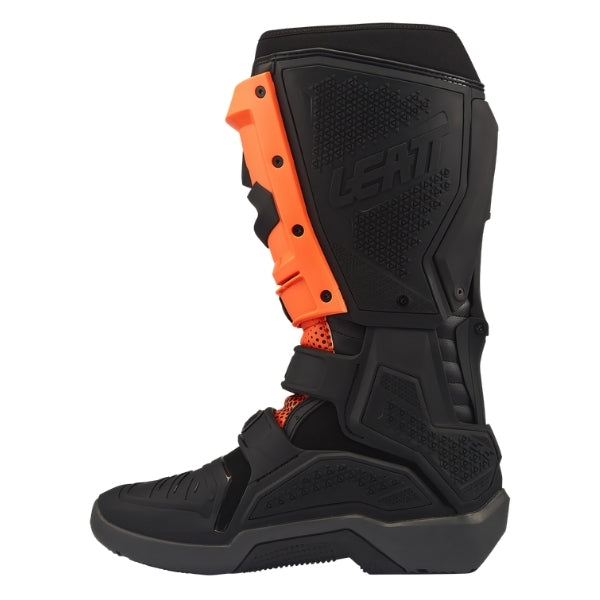 Leatt Moto 5.5 FlexLock Enduro Evo boots in Black/Orange, inner-side profile showing the protective heat-shield panel