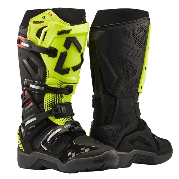 Leatt Moto 5.5 FlexLock Enduro Evo boots in Black/Neon Yellow, pair showing the outer and inner side construction