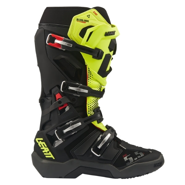 Leatt Moto 5.5 FlexLock Enduro Evo boots in Black/Neon Yellow, outer-side profile showing the buckles, shin plate, and toe area