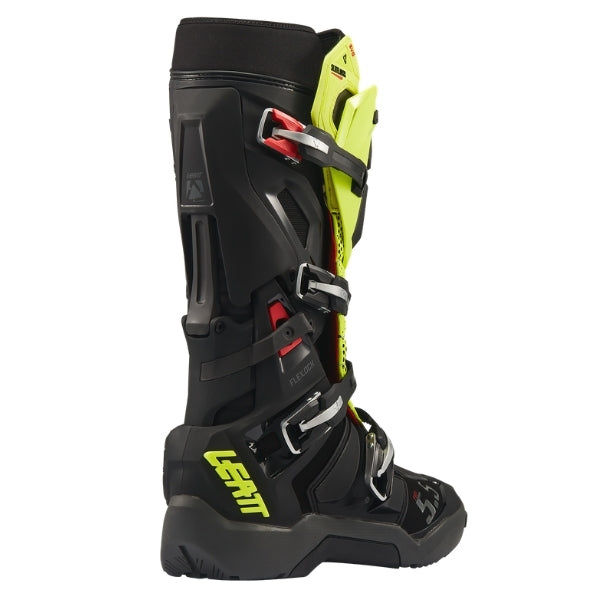 Leatt Moto 5.5 FlexLock Enduro Evo boots in Black/Neon Yellow, opposite-side profile showing the buckle system and ankle panels