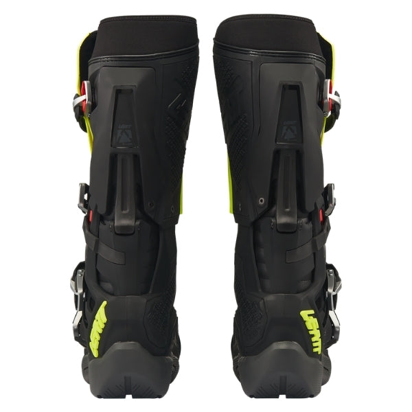 Leatt Moto 5.5 FlexLock Enduro Evo boots in Black/Neon Yellow, rear view showing the calf guards and heel protection