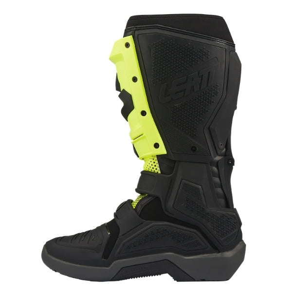 Leatt Moto 5.5 FlexLock Enduro Evo boots in Black/Neon Yellow, inner-side profile showing the protective heat-shield panel