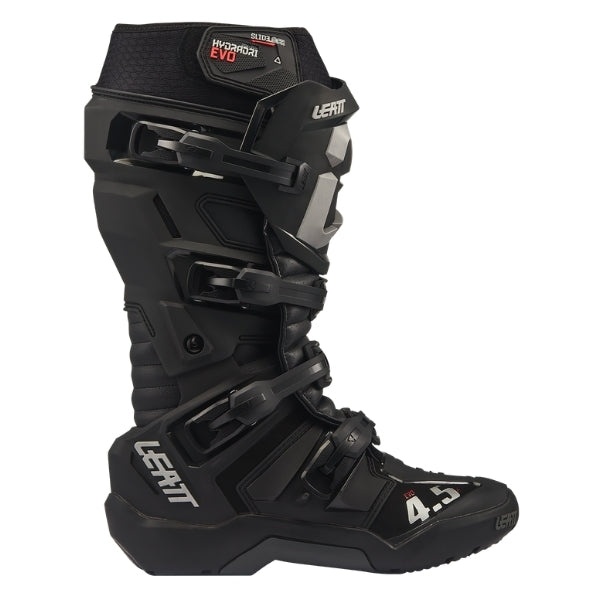 Leatt Moto 4.5 HydraDri Evo boots in Black, outer-side profile showing the buckles, shin plate, and toe area