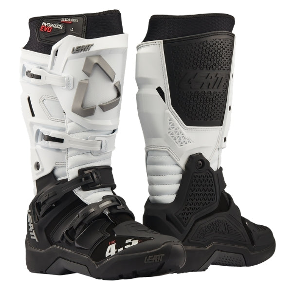 Leatt Moto 4.5 HydraDri Evo boots in White, pair showing the outer and inner side construction