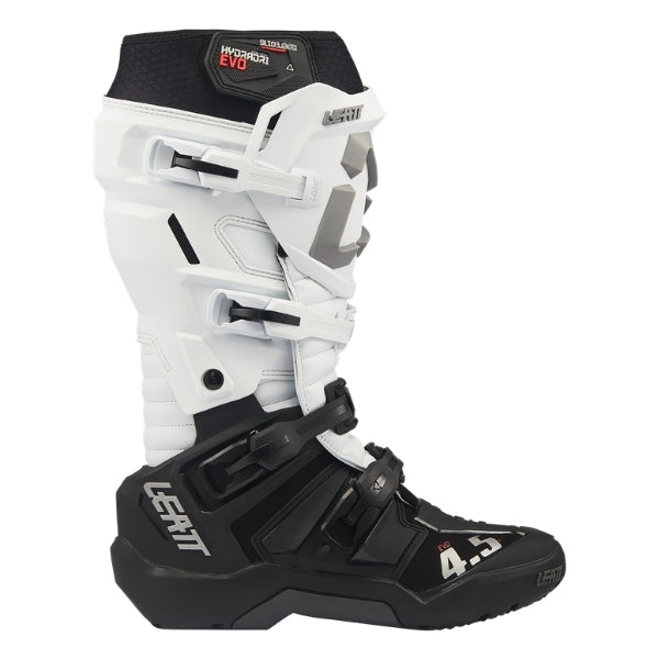 Leatt Moto 4.5 HydraDri Evo boots in White, outer-side profile showing the buckles, shin plate, and toe area