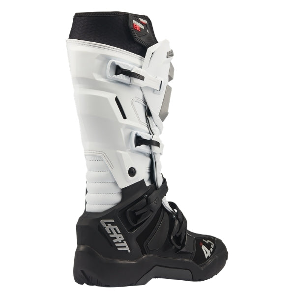 Leatt Moto 4.5 HydraDri Evo boots in White, opposite-side profile showing the buckle system and ankle panels