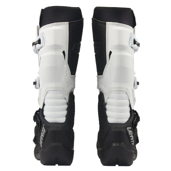 Leatt Moto 4.5 HydraDri Evo boots in White, rear view showing the calf guards and heel protection