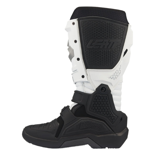 Leatt Moto 4.5 HydraDri Evo boots in White, inner-side profile showing the protective heat-shield panel