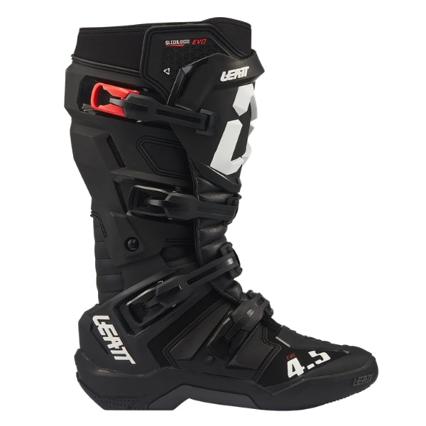 Leatt Moto 4.5 Evo boots in Black, outer-side profile showing the buckles, shin plate, and toe area