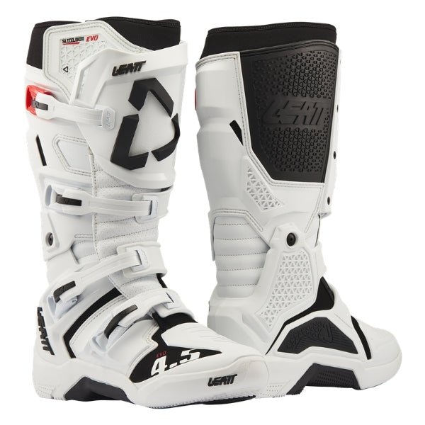 Leatt Moto 4.5 Evo boots in White, pair showing the outer and inner side construction