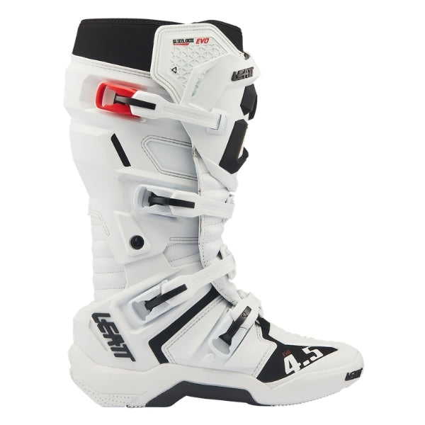 Leatt Moto 4.5 Evo boots in White, outer-side profile showing the buckles, shin plate, and toe area