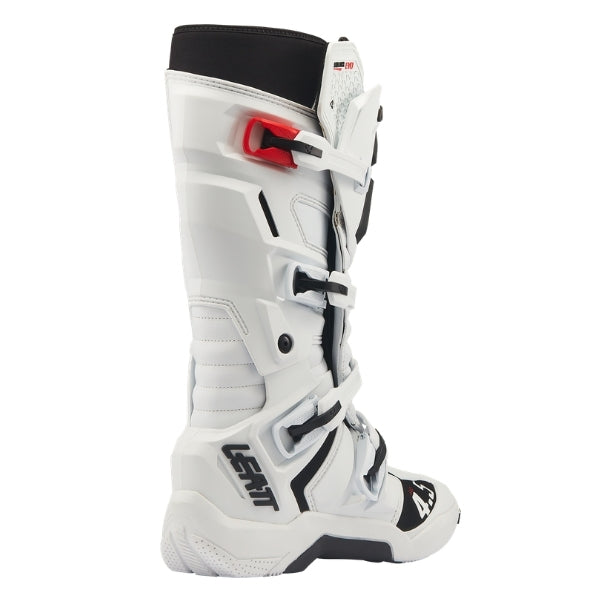 Leatt Moto 4.5 Evo boots in White, opposite-side profile showing the buckle system and ankle panels