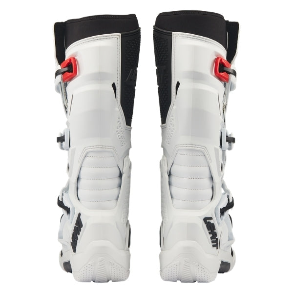 Leatt Moto 4.5 Evo boots in White, rear view showing the calf guards and heel protection