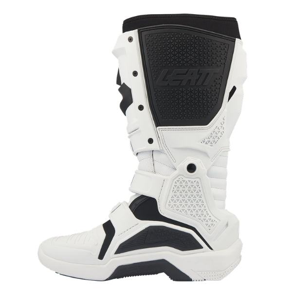 Leatt Moto 4.5 Evo boots in White, inner-side profile showing the protective heat-shield panel