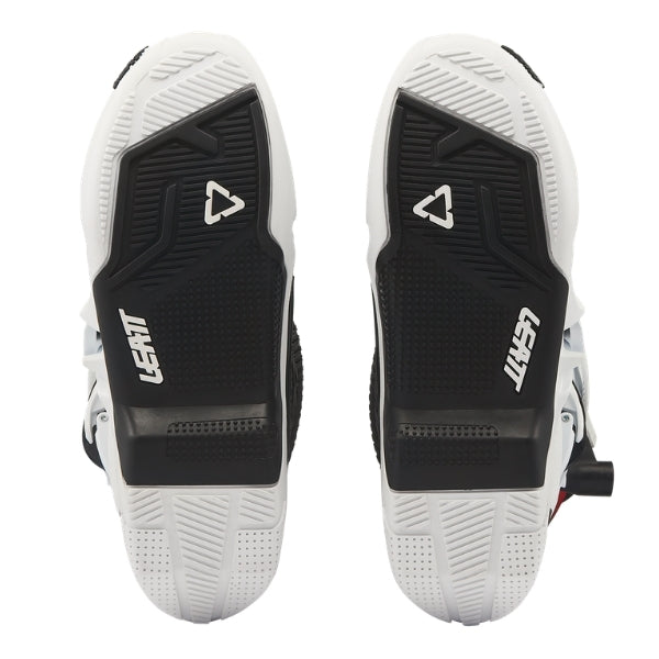 Leatt Moto 4.5 Evo boots in White, bottom view showing the tread pattern on both soles