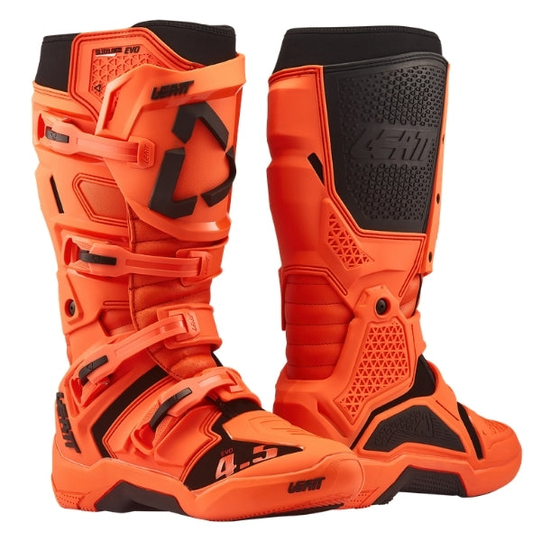 Leatt Moto 4.5 Evo boots in Orange, pair showing the outer and inner side construction