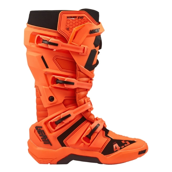 Leatt Moto 4.5 Evo boots in Orange, outer-side profile showing the buckles, shin plate, and toe area