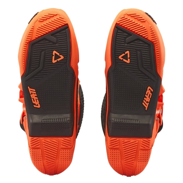 Leatt Moto 4.5 Evo boots in Orange, bottom view showing the tread pattern on both soles