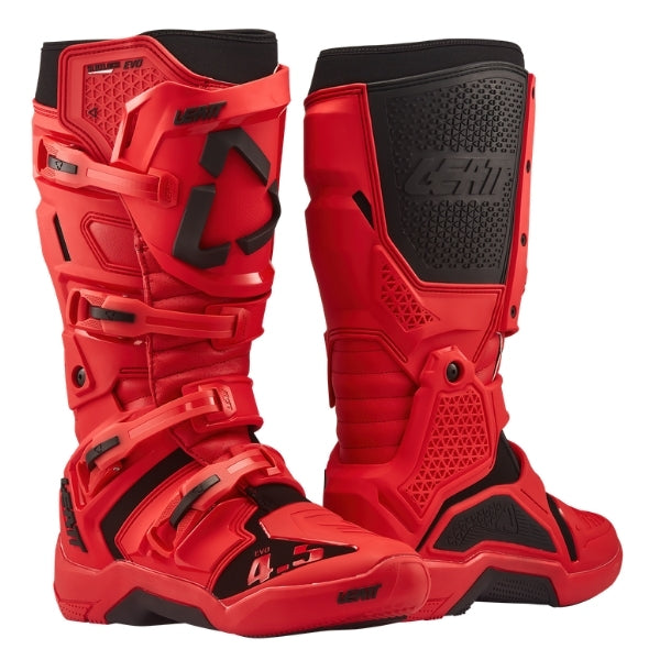 Leatt Moto 4.5 Evo boots in Red, pair showing the outer and inner side construction