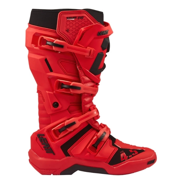 Leatt Moto 4.5 Evo boots in Red, outer-side profile showing the buckles, shin plate, and toe area