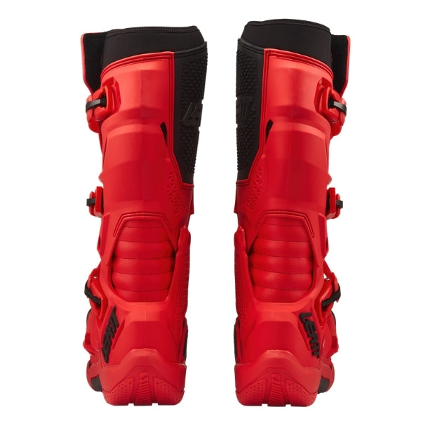 Leatt Moto 4.5 Evo boots in Red, rear view showing the calf guards and heel protection