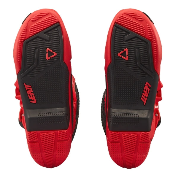 Leatt Moto 4.5 Evo boots in Red, bottom view showing the tread pattern on both soles
