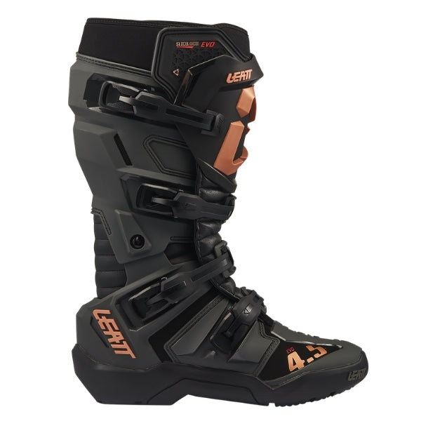 Leatt Moto 4.5 Enduro Evo boots in Graphene Black, outer-side profile showing the buckles, shin plate, and toe area