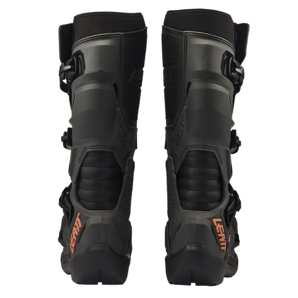 Leatt Moto 4.5 Enduro Evo boots in Graphene Black, rear view showing the calf guards and heel protection