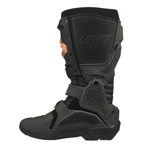 Leatt Moto 4.5 Enduro Evo boots in Graphene Black, inner-side profile showing the protective heat-shield panel
