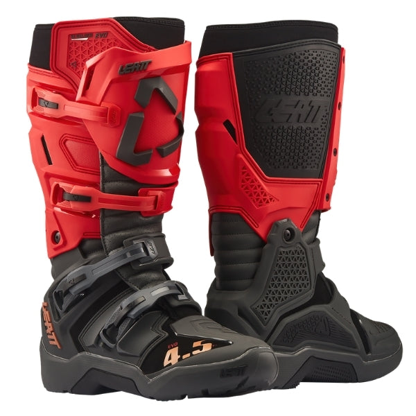 Leatt Moto 4.5 Enduro Evo boots in Red, pair showing the outer and inner side construction