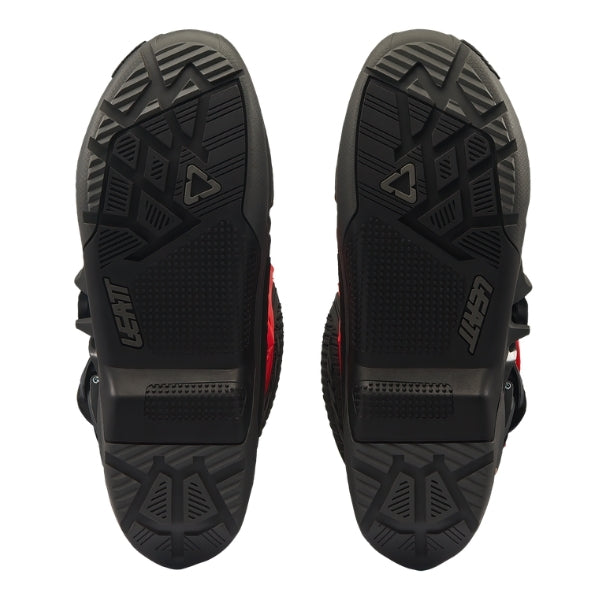Leatt Moto 4.5 Enduro Evo boots in Red, bottom view showing the tread pattern on both soles