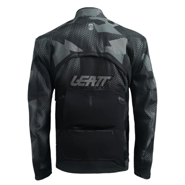 Leatt Moto 5.5 Enduro Jacket in Camo Black, rear view showing the back panel and large lower pocket