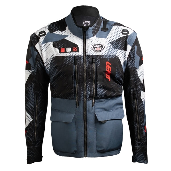 Leatt Moto 5.5 Enduro Jacket in Camo Grey, front view showing the chest pockets, sleeves, and full zipper