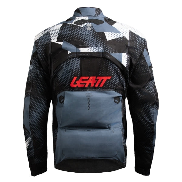 Leatt Moto 5.5 Enduro Jacket in Camo Grey, rear view showing the back panel and large lower pocket