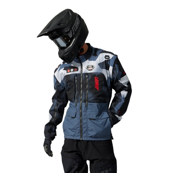 Leatt Moto 5.5 Enduro Jacket in Camo Grey, close-up of the rear shoulder adjustment strap