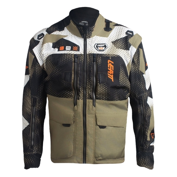 Leatt Moto 5.5 Enduro Jacket in Camo Khaki Brown, front view showing the chest pockets, sleeves, and full zipper