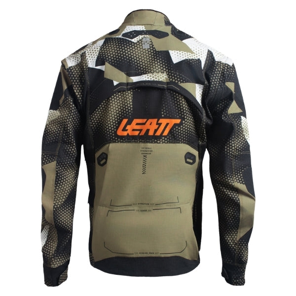 Leatt Moto 5.5 Enduro Jacket in Camo Khaki Brown, rear view showing the back panel and large lower pocket