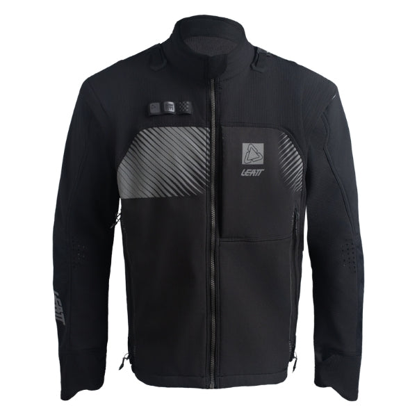 Leatt Moto 4.5 Enduro Jacket in Hatchet Black, front view showing the collar, sleeves, pockets, and zipper