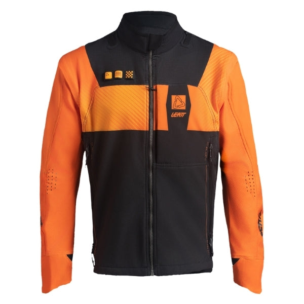 Leatt Moto 4.5 Enduro Jacket in Hatchet Orange, front view showing the collar, sleeves, pockets, and zipper
