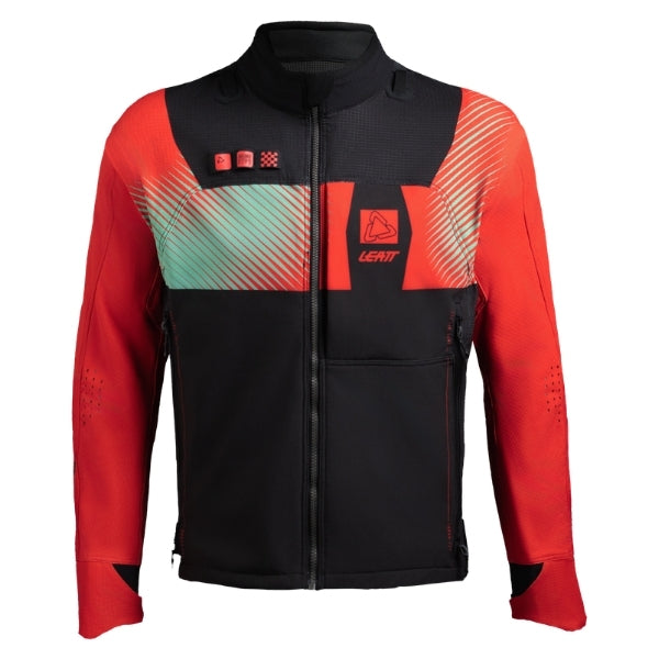 Leatt Moto 4.5 Enduro Jacket in Hatchet Red, front view showing the collar, sleeves, pockets, and zipper