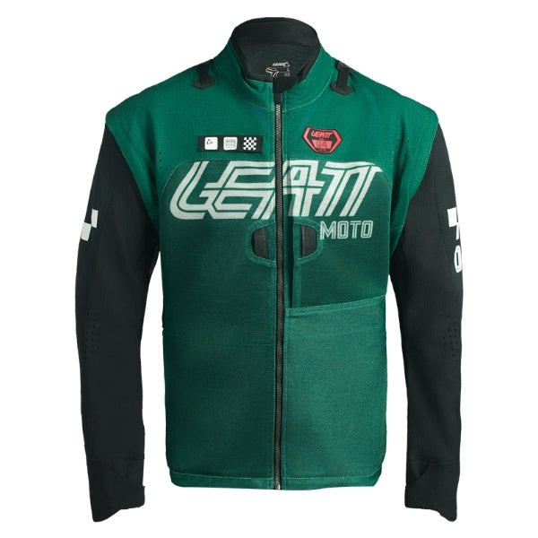 Leatt Moto 4.5 Enduro X-Flow Jacket in Jade Green, front view showing the collar, sleeves, pockets, and zipper