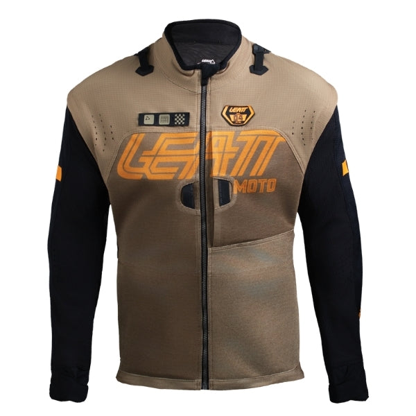 Leatt Moto 4.5 Enduro X-Flow Jacket in Khaki Brown, front view showing the collar, sleeves, pockets, and zipper