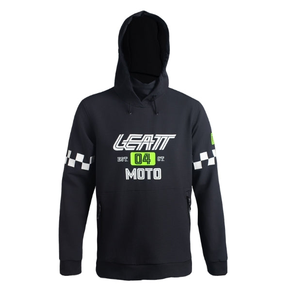 Leatt Moto 5.5 ThermaFlow Hoodie in Speed Black, front view showing the hood, chest, sleeves, and zipper