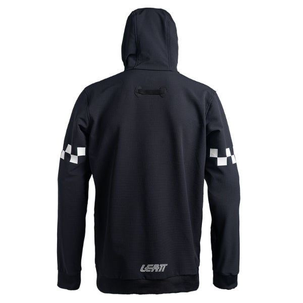 Leatt Moto 5.5 ThermaFlow Hoodie in Speed Black, rear view showing the hood, back panel, and sleeves